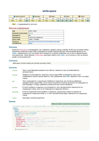 white-space

          Internet Explorer                     Netscape                 Opera                  Safari                 Firefox
   6.0           7.0          8.0         8.0         9.0      8.0        9.2     9.5     1.3   2.0      3.1    1.5      2.0     3.0
  Част.         Част.         Да         Част.       Част.    Част.      Част.    Да      Да    Да       Да    Част.    Част.    Да

   Част. — поддерживается частично.

Краткая информация
   CSS                              CSS1, CSS2
   Значение по умолчанию            normal
   Наследуется                      Да
   Применяется                      К блочным элементам
   Аналог HTML                      <PRE>, <NOBR>
   Ссылка на                        http://www.w3.org/TR/CSS21/text.html#propdef-white-
   спецификацию                     space


Описание
   Свойство white-space устанавливает, как отображать пробелы между словами. В обычных условиях любое
   количество пробелов в коде HTML показывается на веб-странице как один. Исключением является тег
   <PRE>, помещенный в этот контейнер текст выводится со всеми пробелами, как он был отформатирован
   пользователем. Таким образом, white-space имитирует работу тега <PRE>, но в отличие от него не меняет
   шрифт на моноширинный.

Синтаксис
    white-space: normal | nowrap | pre | pre-line | pre-wrap | inherit


Значения
   normal               Текст в окне браузера выводится как обычно, переносы строк устанавливаются
                        автоматически.
   nowrap               Пробелы не учитываются, переносы строк в коде HTML игнорируются, весь текст
                        отображается одной строкой; вместе с тем, добавление тега <BR> переносит текст на новую
                        строку.
   pre                  Текст показывается с учетом всех пробелов и переносов, как они были добавлены
                        разработчиком в коде HTML. Если строка получается слишком длинной и не помещается в
                        окне браузера, то будет добавлена горизонтальная полоса прокрутки.
   pre-line             В тексте пробелы и переносы не учитываются, текст автоматически переносится на
                        следующую строку, если он не помещается в заданную область.
   pre-wrap             В тексте сохраняются все пробелы и переносы, однако если строка по ширине не
                        помещается в заданную область, то текст автоматически будет перенесен на следующую
                        строку.
   inherit              Наследует значение родителя.

Пример
                                                                         HTML 4.01 CSS 2.1 IE 6 IE 7 IE 8 Op 9.5 Sa 3.1 Ff 2.0 Ff 3.0

    <!DOCTYPE HTML PUBLIC "-//W3C//DTD HTML 4.01//EN" "http://www.w3.org/TR/html4/strict.dtd">
    <html>
     <head>
      <meta http-equiv="Content-Type" content="text/html; charset=windows-1251">
      <title>white-space</title>
      <style type="text/css">
       P.example {
         border: 1px dashed #634f36; /* Параметры рамки */
         background: #fffff5; /* Цвет фона */
         font-family: "Courier New", Courier, monospace; /* Семейство шрифта */
         padding: 7px; /* Поля вокруг текста */
         margin: 0px 0px 1em; /* Отступы */
         white-space: pre; /* Учитываются все пробелы и переносы */
       }
       P.exampleTitle {
 