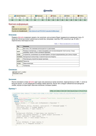 @media

           Internet Explorer                       Netscape                 Opera                  Safari                 Firefox
   6.0            7.0          8.0           8.0         9.0       8.0      9.2      9.5    1.3    2.0      3.1   1.5     2.0       3.0
   Да             Да           Да            Да          Да        Да       Да       Да     Да     Да       Да    Да      Да        Да


Краткая информация
   CSS                               CSS2
   Значение по умолчанию             all
   Ссылка на спецификацию            http://www.w3.org/TR/CSS21/cascade.html#at-import


Описание
   Правило @media позволяет указать тип носителя, для которого будет применяться указанный стиль. В
   качестве типов выступают различные устройства, например, принтер, КПК, монитор и др. В табл. 1
   перечислены некоторые из них.

                                                                                  Табл. 1. Типы носителей и их описание
            Тип         Описание
            all         Все типы. Это значение используется по умолчанию.
                        Речевые синтезаторы, а также программы для воспроизведения текста вслух. Сюда,
            aural
                        например, можно отнести речевые браузеры.
            braille     Устройства, основанные на системе Брайля, которые предназначены для слепых людей.
            handheld Наладонные компьютеры и аналогичные им аппараты.
            print       Печатающие устройства вроде принтера.
            projection Проектор.
            screen      Экран монитора.
            tv          Телевизор.


Синтаксис
    @media тип1 [, тип2] {
    Описание стиля
    }


Значения
   После ключевого слова @media идет один или несколько типов носителя, перечисленных в табл. 1; если их
   больше одного, то они разделяются между собой запятой. После чего следуют обязательные фигурные
   скобки, внутри которых идет обычное описание стилевых правил.

Пример 1
                                                                         HTML 4.01 CSS 2.1 IE 6 IE 7 IE 8 Op 9.5 Sa 3.1 Ff 2.0 Ff 3.0

    <!DOCTYPE HTML PUBLIC "-//W3C//DTD HTML 4.01//EN" "http://www.w3.org/TR/html4/strict.dtd">
    <html>
     <head>
      <meta http-equiv="Content-Type" content="text/html; charset=windows-1251">
      <title>@media</title>
      <style type="text/css">
       @media screen { /* Стиль для отображения в браузере */
        BODY {
          font-family: Arial, Verdana, sans-serif; /* Рубленый шрифт */
          font-size: 90%; /* Размер шрифта */
          color: #000080; /* Цвет текста */
        }
        H1 {
          background: #faf0e6; /* Цвет фона под текстом */
          border: 2px dashed #800000; /* Рамка вокруг заголовка */
          color: #a0522d; /* Цвет текста */
          padding: 7px; /* Поля вокруг текста */
        }
        H2 {
          color: #556b2f; /* Цвет текста */
          margin: 0; /* Убираем отступы */
        }
 