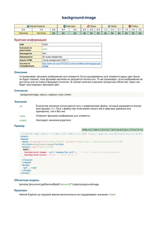 background-image

             Internet Explorer                      Netscape              Opera               Safari               Firefox
     6.0                7.0         8.0       8.0          9.0     8.0    9.2     9.5   1.3   2.0      3.1   1.5   2.0       3.0
  Частично          Частично        Да         Да          Да      Да     Да      Да    Да    Да       Да    Да    Да        Да


Краткая информация
   CSS                     CSS1
   Значение по
                           none
   умолчанию
   Наследуется             Нет
   Применяется             Ко всем элементам
   Аналог HTML             <body background="URL">
   Ссылка на               http://www.w3.org/TR/CSS21/colors.html#propdef-background-
   спецификацию            image


Описание
   Устанавливает фоновое изображение для элемента. Если одновременно для элемента задан цвет фона,
   он будет показан, пока фоновая картинка не загрузится полностью. То же произойдет, если изображения не
   доступны или их показ в браузере отключен. В случае наличия в рисунке прозрачных областей, через них
   будет проглядывать фоновый цвет.

Синтаксис
    background-image: url(путь к файлу) | none | inherit


Значения
   url             В качестве значения используется путь к графическому файлу, который указывается внутри
                   конструкции url(). Путь к файлу при этом можно писать как в кавычках (двойных или
                   одинарных), так и без них.
   none            Отменяет фоновое изображение для элемента.
   inherit         Наследует значение родителя.

Пример
                                                                  HTML 4.01 CSS 2.1 IE 6 IE 7 IE 8 Op 9.5 Sa 3.1 Ff 2.0 Ff 3.0

    <!DOCTYPE HTML PUBLIC "-//W3C//DTD HTML 4.01//EN" "http://www.w3.org/TR/html4/strict.dtd">
    <html>
    <head>
     <meta http-equiv="Content-Type" content="text/html; charset=windows-1251">
     <title>background-image</title>
     <style type="text/css">
      BODY {
        background-image: url('images/bg.gif'); /* Путь к фоновому изображению */
        background-color: #fc0; /* Цвет фона */
      }
     </style>
     </head>
     <body>
      <p>...</p>
     </body>
    </html>


Объектная модель
   [window.]document.getElementById("elementID").style.backgroundImage

Браузеры
   Internet Explorer до седьмой версии включительно не поддерживает значение inherit.
 