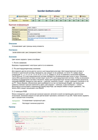 border-bottom-color

             Internet Explorer                        Netscape              Opera                Safari               Firefox
     6.0                7.0           8.0       8.0            9.0   8.0    9.2     9.5   1.3    2.0      3.1   1.5   2.0       3.0
  Частично           Частично         Да        Да             Да    Да     Да      Да    Да     Да       Да    Да    Да        Да


Краткая информация
   CSS                        CSS1, CSS2.1
   Значение по умолчанию Значение цвета, заданное через color
   Наследуется                Нет
   Применяется                Ко всем элементам
   Аналог HTML                <img border > | <table border>
   Ссылка на                  http://www.w3.org/TR/CSS21/box.html#border-color-
   спецификацию               properties


Описание
   Устанавливает цвет границы внизу элемента.

Синтаксис
    border-bottom-color: цвет | transparent | inherit


Значения
   Цвет можно задавать тремя способами.

   1. По его названию
   Браузеры поддерживают некоторые цвета по их названию.

   2. По шестнадцатеричному значению
   Для задания цветов используются числа в шестнадцатеричном коде. Шестнадцатеричная система, в
   отличие от десятичной системы, базируется, как следует из ее названия, на числе 16. Цифры будут
   следующие: 0, 1, 2, 3, 4, 5, 6, 7, 8, 9, A, B, C, D, E, F. Цифры от 10 до 15 заменены латинскими буквами.
   Числа больше 15 в шестнадцатеричной системе образуются объединением двух чисел в одно. Например,
   числу 255 в десятичной системе соответствует число FF в шестнадцатеричной системе. Чтобы не возникало
   путаницы в определении системы счисления, перед шестнадцатеричным числом ставят символ решетки #,
   например #666999. Каждый из трех цветов — красный, зеленый и синий — может принимать значения от 00
   до FF. Таким образом, обозначение цвета разбивается на три составляющие #rrggbb, где первые два
   символа отмечают красную компоненту цвета, два средних — зеленую, а два последних — синюю.
   Допускается использовать сокращенную форму вида #rgb, где каждый символ следует удваивать. Так,
   запись #fe0 следует расценивать как #ffee00.

   3. С помощью RGB
   Можно определить цвет используя значения красной, зеленой и синей составляющей в десятичном
   исчислении. Значение каждого из трех цветов может принимать значения от 0 до 255. Также можно задавать
   цвет в процентном отношении.

   transparent      Устанавливает прозрачный цвет.
   inherit          Наследует значение родителя.

Пример
                                                                     HTML 4.01 CSS 2.1 IE 6 IE 7 IE 8 Op 9.5 Sa 3.1 Ff 2.0 Ff 3.0

    <!DOCTYPE HTML PUBLIC "-//W3C//DTD HTML 4.01//EN" "http://www.w3.org/TR/html4/strict.dtd">
    <html>
     <head>
      <meta http-equiv="Content-Type" content="text/html; charset=windows-1251">
      <title>border-bottom-color</title>
      <style type="text/css">
       DIV#panel {
         background: #ccc; /* Цвет фона */
       }
       #panel P {
         padding: 5px; /* Добавляем поля */
         margin: 0; /* Убираем отступы у параграфа */
 