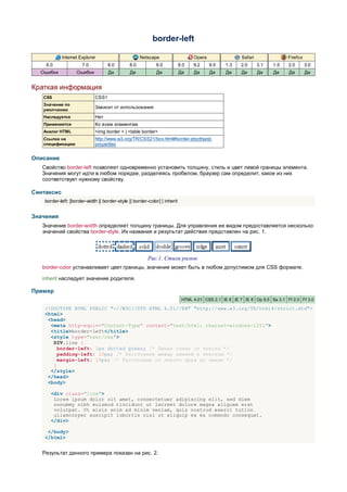 border-left

            Internet Explorer                         Netscape                    Opera                 Safari               Firefox
    6.0                7.0           8.0        8.0          9.0            8.0   9.2     9.5    1.3    2.0      3.1   1.5   2.0       3.0
  Ошибки            Ошибки           Да         Да            Да            Да    Да      Да     Да     Да       Да    Да    Да        Да


Краткая информация
   CSS                        CSS1
   Значение по
                              Зависит от использования
   умолчанию
   Наследуется                Нет
   Применяется                Ко всем элементам
   Аналог HTML                <img border > | <table border>
   Ссылка на                  http://www.w3.org/TR/CSS21/box.html#border-shorthand-
   спецификацию               properties


Описание
   Свойство border-left позволяет одновременно установить толщину, стиль и цвет левой границы элемента.
   Значения могут идти в любом порядке, разделяясь пробелом, браузер сам определит, какое из них
   соответствует нужному свойству.

Синтаксис
    border-left: [border-width || border-style || border-color] | inherit


Значения
   Значение border-width определяет толщину границы. Для управления ее видом предоставляется несколько
   значений свойства border-style. Их названия и результат действия представлен на рис. 1.




                                                         Рис.1. Стили рамок
   border-color устанавливает цвет границы, значение может быть в любом допустимом для CSS формате.

   inherit наследует значение родителя.

Пример
                                                                             HTML 4.01 CSS 2.1 IE 6 IE 7 IE 8 Op 9.5 Sa 3.1 Ff 2.0 Ff 3.0

    <!DOCTYPE HTML PUBLIC "-//W3C//DTD HTML 4.01//EN" "http://www.w3.org/TR/html4/strict.dtd">
    <html>
     <head>
      <meta http-equiv="Content-Type" content="text/html; charset=windows-1251">
      <title>border-left</title>
      <style type="text/css">
       DIV.line {
         border-left: 2px dotted green; /* Линия слева от текста */
         padding-left: 10px; /* Расстояние между линией и текстом */
         margin-left: 10px; /* Расстояние от левого края до линии */
       }
      </style>
     </head>
     <body>

       <div class="line">
        Lorem ipsum dolor sit amet, consectetuer adipiscing elit, sed diem
        nonummy nibh euismod tincidunt ut lacreet dolore magna aliguam erat
        volutpat. Ut wisis enim ad minim veniam, quis nostrud exerci tution
        ullamcorper suscipit lobortis nisl ut aliquip ex ea commodo consequat.
       </div>

     </body>
    </html>


   Результат данного примера показан на рис. 2.
 