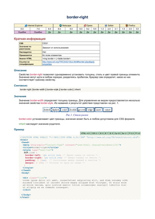 border-right

            Internet Explorer                        Netscape                     Opera                 Safari               Firefox
    6.0                7.0          8.0        8.0           9.0        8.0       9.2     9.5    1.3    2.0      3.1   1.5   2.0       3.0
  Ошибки            Ошибки          Да         Да            Да         Да        Да      Да     Да     Да       Да    Да    Да        Да


Краткая информация
   CSS                       CSS1
   Значение по
                             Зависит от использования
   умолчанию
   Наследуется               Нет
   Применяется               Ко всем элементам
   Аналог HTML               <img border > | <table border>
   Ссылка на                 http://www.w3.org/TR/CSS21/box.html#border-shorthand-
   спецификацию              properties


Описание
   Свойство border-right позволяет одновременно установить толщину, стиль и цвет правой границы элемента.
   Значения могут идти в любом порядке, разделяясь пробелом, браузер сам определит, какое из них
   соответствует нужному свойству.

Синтаксис
    border-right: [border-width || border-style || border-color] | inherit


Значения
   Значение border-width определяет толщину границы. Для управления ее видом предоставляется несколько
   значений свойства border-style. Их названия и результат действия представлен на рис. 1.




                                                         Рис.1. Стили рамок
   border-color устанавливает цвет границы, значение может быть в любом допустимом для CSS формате.

   inherit наследует значение родителя.

Пример
                                                                             HTML 4.01 CSS 2.1 IE 6 IE 7 IE 8 Op 9.5 Sa 3.1 Ff 2.0 Ff 3.0

    <!DOCTYPE HTML PUBLIC "-//W3C//DTD HTML 4.01//EN" "http://www.w3.org/TR/html4/strict.dtd">
    <html>
     <head>
      <meta http-equiv="Content-Type" content="text/html; charset=windows-1251">
      <title>border-right</title>
      <style type="text/css">
       DIV.line {
         border-left: 1px solid red; /* Линия слева от текста */
         border-right: 1px solid red; /* Линия справа от текста */
         padding: 0 10px; /* Расстояние между линией и текстом */
         margin: 0 10%; /* Отступы от края до линии */
       }
      </style>
     </head>
     <body>

       <div class="line">
       Lorem ipsum dolor sit amet, consectetuer adipiscing elit, sed diem nonummy nibh
       euismod tincidunt ut lacreet dolore magna aliguam erat volutpat. Ut wisis enim
       ad minim veniam, quis nostrud exerci tution ullamcorper suscipit lobortis nisl
       ut aliquip ex ea commodo consequat.
       </div>

     </body>
    </html>
 