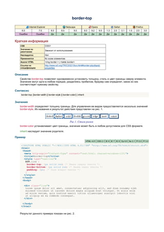 border-top

            Internet Explorer                        Netscape                    Opera                 Safari               Firefox
    6.0                7.0          8.0        8.0          9.0            8.0   9.2     9.5    1.3    2.0      3.1   1.5   2.0       3.0
  Ошибки            Ошибки          Да         Да            Да            Да    Да      Да     Да     Да       Да    Да    Да        Да


Краткая информация
   CSS                       CSS1
   Значение по
                             Зависит от использования
   умолчанию
   Наследуется               Нет
   Применяется               Ко всем элементам
   Аналог HTML               <img border > | <table border>
   Ссылка на                 http://www.w3.org/TR/CSS21/box.html#border-shorthand-
   спецификацию              properties


Описание
   Свойство border-top позволяет одновременно установить толщину, стиль и цвет границы сверху элемента.
   Значения могут идти в любом порядке, разделяясь пробелом, браузер сам определит, какое из них
   соответствует нужному свойству.

Синтаксис
    border-top: [border-width || border-style || border-color] | inherit


Значения
   border-width определяет толщину границы. Для управления ее видом предоставляется несколько значений
   border-style. Их названия и результат действия представлен на рис. 1.




                                                        Рис.1. Стили рамок
   border-color устанавливает цвет границы, значение может быть в любом допустимом для CSS формате.

   inherit наследует значение родителя.

Пример
                                                                            HTML 4.01 CSS 2.1 IE 6 IE 7 IE 8 Op 9.5 Sa 3.1 Ff 2.0 Ff 3.0

    <!DOCTYPE HTML PUBLIC "-//W3C//DTD HTML 4.01//EN" "http://www.w3.org/TR/html4/strict.dtd">
    <html>
     <head>
      <meta http-equiv="Content-Type" content="text/html; charset=windows-1251">
      <title>border-top</title>
      <style type="text/css">
       DIV.line {
         border-top: 1px solid red; /* Линия сверху текста */
         border-bottom: 1px solid red; /* Линия снизу текста */
         padding: 5px; /* Поля вокруг текста */
       }
      </style>
     </head>
     <body>

       <div class="line">
        Lorem ipsum dolor sit amet, consectetuer adipiscing elit, sed diem nonummy nibh
        euismod tincidunt ut lacreet dolore magna aliguam erat volutpat. Ut wisis enim
        ad minim veniam, quis nostrud exerci tution ullamcorper suscipit lobortis nisl
        ut aliquip ex ea commodo consequat.
       </div>

     </body>
    </html>


   Результат данного примера показан ни рис. 2.
 
