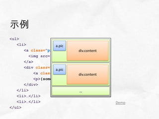 示例
<ul>
   <li>            a.pic
      <a class="pic">       #header
                              div.content
        <img src="avatar.png" />
      </a>
      <div class="content">
                   a.pic
          <a class="name">{id}</a>
                            #header
                              div.content
          <p>{something…}</p>
      </div>
   </li>                       …
   <li>…</li>
   <li>…</li>                               Demo
</ul>
 