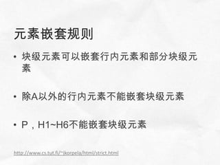 元素嵌套规则
• 块级元素可以嵌套行内元素和部分块级元
  素

• 除A以外的行内元素不能嵌套块级元素

• P，H1~H6不能嵌套块级元素

http://www.cs.tut.fi/~jkorpela/html/strict.html
 