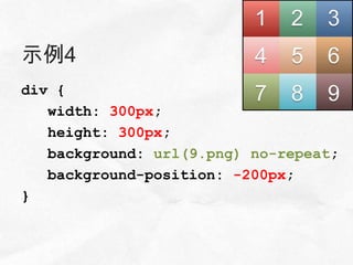 示例4
div {
   width: 300px;
   height: 300px;
   background: url(9.png) no-repeat;
   background-position: -200px;
}
 