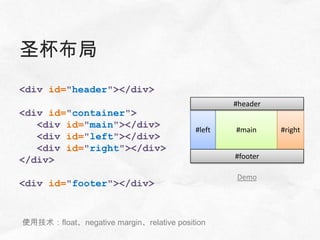 圣杯布局
<div id="header"></div>
                                                 #header
<div id="container">
   <div id="main"></div>                 #left   #main     #right
   <div id="left"></div>
   <div id="right"></div>
                                                 #footer
</div>
                                                 Demo
<div id="footer"></div>


使用技术：float、negative margin、relative position
 