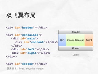 双飞翼布局
<div id="header"></div>
                                           #header
<div id="container">
   <div id="main">            #left #main>#content #right
     <div id="content"></div>
   </div>
                                        #footer
   <div id="left"></div>
   <div id="right"></div>
                                         Demo
</div>

<div id="footer"></div>
使用技术：float、negative margin
 