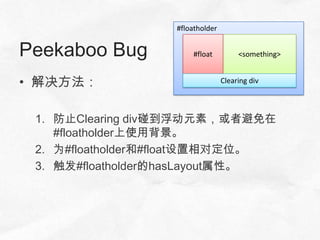 #floatholder


Peekaboo Bug          #float          <something>


• 解决方法：                          Clearing div



 1. 防止Clearing div碰到浮动元素，或者避免在
    #floatholder上使用背景。
 2. 为#floatholder和#float设置相对定位。
 3. 触发#floatholder的hasLayout属性。
 