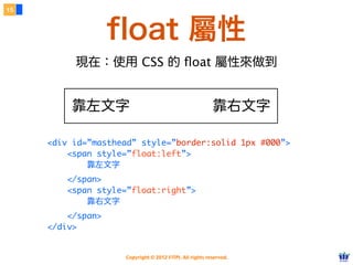 Copyright © 2012 FITPI. All rights reserved.
外部 CSS
5
引用外部 CSS 檔案（建議附檔名為 .css）
<link rel="stylesheet" href="CSS 檔案路徑" media="顯⽰示媒介名稱">
必須指定
與前面相同
<link> 標籤 (無結尾)
選擇器 {
    屬性名稱：屬性值;
}
與外部檔案連結
※ 不需 style 標籤
External CSS
 