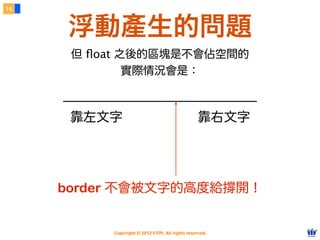 Copyright © 2012 FITPI. All rights reserved.
外部 CSS
5
引用外部 CSS 檔案（建議附檔名為 .css）
<link rel="stylesheet" href="CSS 檔案路徑" media="顯⽰示媒介名稱">
必須指定
與前面相同
<link> 標籤 (無結尾)
另外還有 HTML Tag 中的 style，正常情況用不到
選擇器 {
    屬性名稱：屬性值;
}
與外部檔案連結
※ 不需 style 標籤
External CSS
 