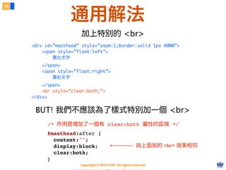 Copyright © 2012 FITPI. All rights reserved.
該用哪一種？
6
99% 的情況都應該使⽤用外部 CSS
 