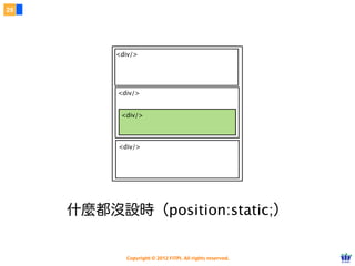 Copyright © 2012 FITPI. All rights reserved.
常用選擇器
7
在 HTML 中、可針對所有的標籤設定 id 與 class 屬性，
除了給予 HTML 更好的語意外，也能方便我們設定 CSS 樣式
Selector
<div id=”nav”>
    <div class=”bd”>
        <p>選單</p>
    </div>
</div>
<div id=”article”>
    <div class=”bd”>
        <p>⽂文章</p>
    </div>
</div>
p {
    /* 針對所有 p 標籤設定樣式 */
 