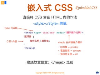 Copyright © 2012 FITPI. All rights reserved.
行間 CSS
3
直接在標籤內使用 style 屬性
<p style="屬性名稱:屬性值;">...</p>
Inline CSS
 
