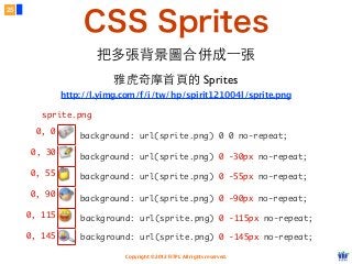 Copyright © 2012 FITPI. All rights reserved.
CSS Sprites
25
http://l.yimg.com/f/i/tw/hp/spirit121004l/sprite.png
把多張背景圖合併成⼀一張
雅⻁虎奇摩⾸首⾴頁的 Sprites
0, 0
sprite.png
0, 30
0, 55
0, 90
0, 115
0, 145
background: url(sprite.png) 0 -115px no-repeat;
background: url(sprite.png) 0 -145px no-repeat;
background: url(sprite.png) 0 -90px no-repeat;
background: url(sprite.png) 0 -55px no-repeat;
background: url(sprite.png) 0 -30px no-repeat;
background: url(sprite.png) 0 0 no-repeat;
 