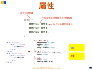 Copyright © 2012 FITPI. All rights reserved.
嵌入式 CSS
4
直接將 CSS 寫在 HTML 內的作法
<style type="text/css" media="顯⽰示媒介名稱">
選擇器 {
    屬性名稱：屬性值;
}
</style>
type 可省略
media 在何種媒介顯示
・印表機 = printer
・電腦螢幕 = screen
・預設是全部 = all
<style></style> 標籤
CSS 內容
建議放置位置：</head> 之前
Embedded CSS
 