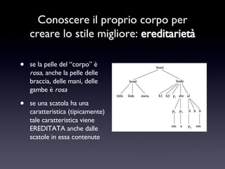 Conoscere il proprio corpo per creare lo stile migliore:  ereditarietà se la pelle del “corpo” è  rosa , anche la pelle delle braccia, delle mani, delle gambe è  rosa se una scatola ha una caratteristica (tipicamente) tale caratteristica viene EREDITATA anche dalle scatole in essa contenute 