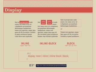 Display
                                                                               Sed ut perspiciatis unde
                                               inline    inline                omnis iste natus error sit
    Sed ut perspiciatis unde            Sed                     ut unde
                                               block     block
    omnis iste natus error sit                                  omnis          voluptatem accusantium
    voluptatem accusantium              iste natus error sit voluptatem        doloremque laudantium.
    doloremque laudantium,              accusantium doloremque                 sit
    totam rem aperiam, eaque ipsa       laudantium, totam rem
    quae ab illo inventore veritatis    aperiam, eaque ipsa quae ab            Totam rem aperiam, eaque
    et quasi architecto beatae          illo inventore quasi architecto        ipsa quae ab illo inventore
    vitae dicta sunt explicabo.         beatae vitae dictant explicabo.        veritatis et quasi architecto.



             inline                         inline - block                                   block
            <span> <em> <b>                                                            <div> <ul> <p> <h1>



                      .div {
                          display: none | inline | inline-block | block;
                      }

                                       http://css-tricks.com/almanac/properties/d/display/
 