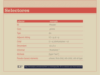 Selectores

      selector                                          exemplo
     ID                                                 #header
     Class                                              .promo
     Type                                              div
     Adjacent sibling                                  h2 + p, ul + p
     Child                                             li > ul, div#container > ul
     Descendant                                         ul a, li a
     Universal                                         * #container *
                                                       ,
     Attribute                                         [type="text"]
     Pseudo-classes/-elements                          a:hover, :first-child, :nth-child; :nth-of-type


                 http://net.tutsplus.com/tutorials/html-css-techniques/the-30-css-selectors-you-must-memorize
 