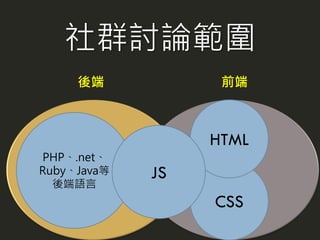 PHP、.net、
Ruby、Java等
後端語言
CSS
HTML
社群討論範圍
JS
前端後端
 