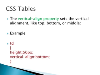  The vertical-align property sets the vertical
alignment, like top, bottom, or middle:
 Example
 td
{
height:50px;
vertical-align:bottom;
}
 
