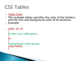  Table Color
 The example below specifies the color of the borders,
and the text and background color of th elements:
 Example
 table, td, th
{
border:1px solid green;
}
th
{
background-color:green;
color:white;
}
 