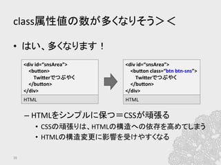class属性値の数が多くなりそう＞＜	
•  はい、多くなります！	
  
– HTMLをシンプルに保つ＝CSSが頑張る	
  
•  CSSの頑張りは、HTMLの構造への依存を高めてしまう	
  
•  HTMLの構造変更に影響を受けやすくなる	
  
38	
<div	
  id=“snsArea”>	
  
	
  	
  	
  	
  <bufon>	
  
	
  	
  	
  	
  	
  	
  	
  	
  Twiferでつぶやく	
  
	
  	
  	
  	
  </bufon>	
  
</div>	
  
HTML	
  
<div	
  id=“snsArea”>	
  
	
  	
  	
  	
  <bufon	
  class=“btn	
  btn-­‐sns”>	
  
	
  	
  	
  	
  	
  	
  	
  	
  Twiferでつぶやく	
  
	
  	
  	
  	
  </bufon>	
  
</div>	
  
HTML	
  
 