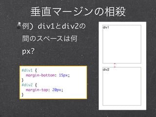 垂直マージンの相殺
例) div1とdiv2の
間のスペースは何
px?
#div1 {
margin-bottom: 15px;
}
#div2 {
margin-top: 20px;
}

 