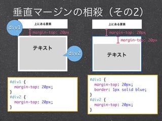 垂直マージンの相殺（その2）
div1

上にある要素

上にある要素

margin-top: 20px

margin-top: 20px
margin-top: 20px

テキスト

#div1 {
margin-top: 20px;
}
#div2 {
margin-top: 20px;
}

div2

テキスト

#div1 {
margin-top: 20px;
border: 1px solid blue;
}
#div2 {
margin-top: 20px;
}

 