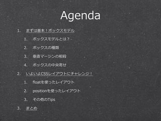 Agenda
1.

まずは基本！ボックスモデル
1.
2.

ボックスの種類

3.

垂直マージンの相殺

4.
2.

ボックスモデルとは？

ボックスの中央寄せ

いよいよCSSレイアウトにチャレンジ！
1.
2.

positionを使ったレイアウト

3.
3.

ﬂoatを使ったレイアウト

その他のTips

まとめ

 