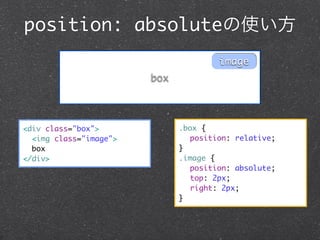 position: absoluteの使い方
image
box

<div class="box">
<img class="image">
box
</div>

.box {
	 position: relative;
}
.image {
	 position: absolute;
	 top: 2px;
	 right: 2px;
}

 