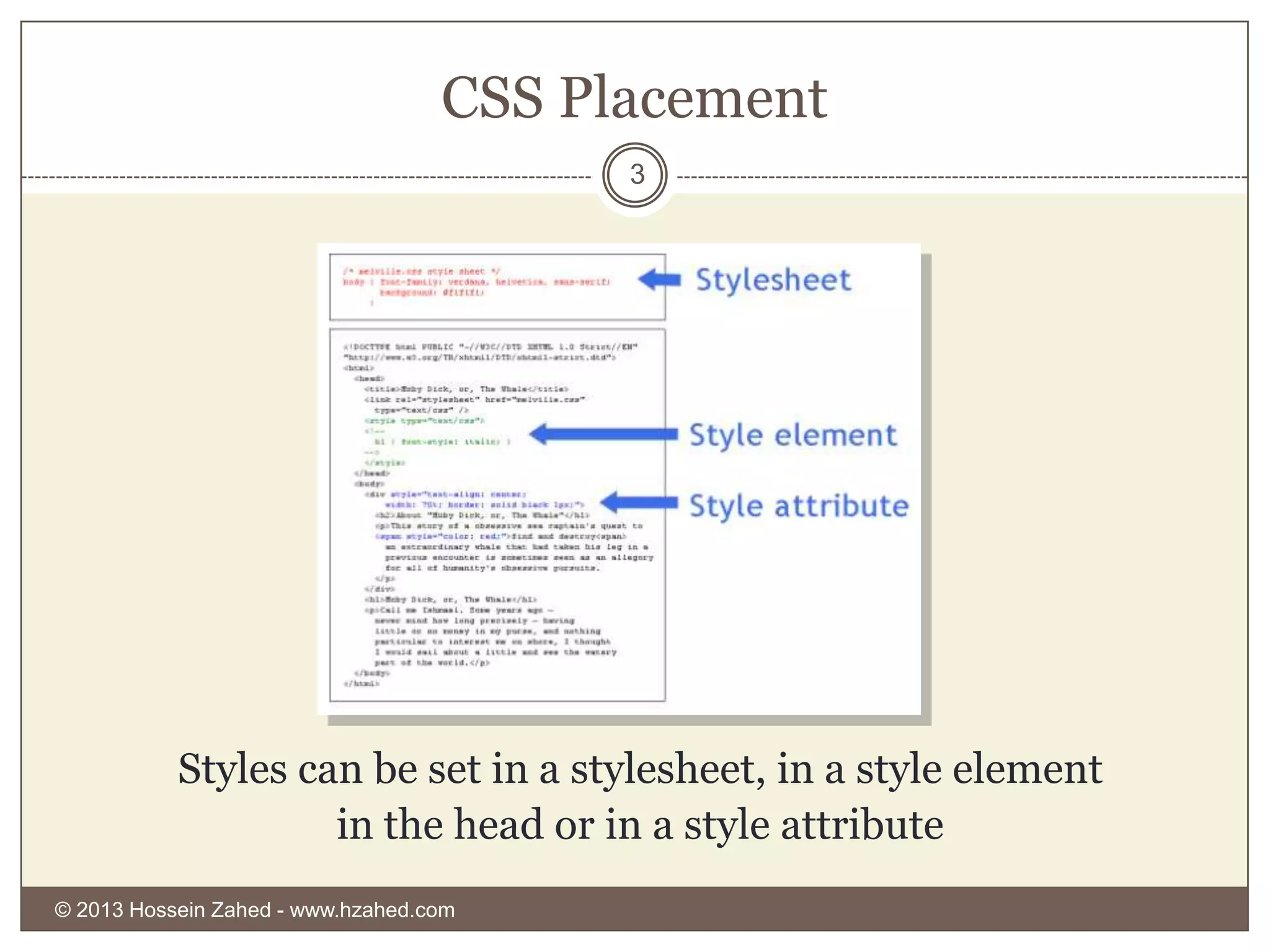 CSS Placement
3

Styles can be set in a stylesheet, in a style element
in the head or in a style attribute
© 2013 Hossein Zahed - www.hzahed.com

 