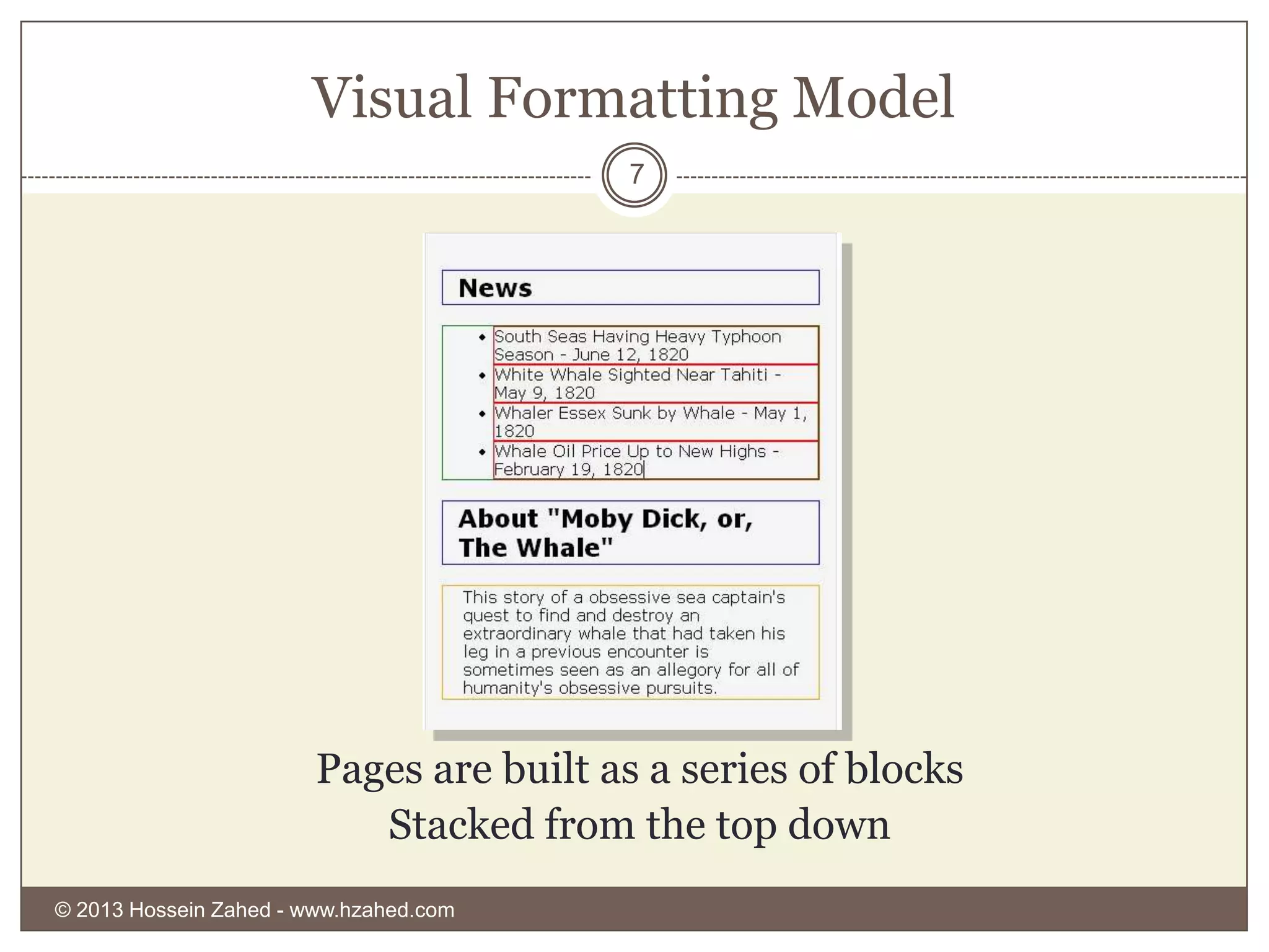 Visual Formatting Model
7

Pages are built as a series of blocks
Stacked from the top down
© 2013 Hossein Zahed - www.hzahed.com

 