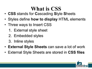 What is CSS

• CSS stands for Cascading Style Sheets
• Styles define how to display HTML elements
• Three ways to Insert CSS
1. External style sheet
2. Embedded styles
3. Inline styles
• External Style Sheets can save a lot of work
• External Style Sheets are stored in CSS files

 