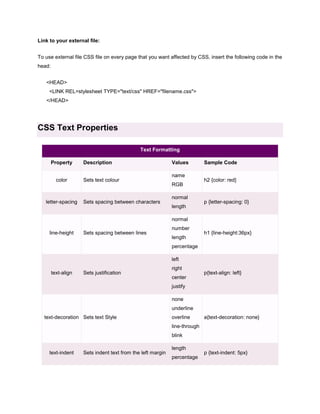 Link to your external file:
To use external file CSS file on every page that you want affected by CSS, insert the following code in the
head:
<HEAD>
<LINK REL=stylesheet TYPE="text/css" HREF="filename.css">
</HEAD>

CSS Text Properties
Text Formatting
Property
color

letter-spacing

Description
Sets text colour

Sets spacing between characters

Values
name
RGB
normal
length

Sample Code
h2 {color: red}

p {letter-spacing: 0}

normal
line-height

Sets spacing between lines

number
length

h1 {line-height:36px}

percentage
left
text-align

Sets justification

right
center

p{text-align: left}

justify
none
underline
text-decoration Sets text Style

overline

a{text-decoration: none}

line-through
blink
text-indent

Sets indent text from the left margin

length
percentage

p {text-indent: 5px}

 