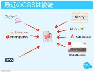 13
最近のCSSは複雑
CSS LINT
Autopreﬁxer
MediaQueries
Minify
14年3月15日土曜日
 