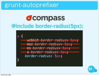 57
grunt-autopreﬁxer
@include border-radius(5px);
14年3月15日土曜日
 
