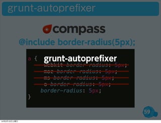 59
grunt-autopreﬁxer
@include border-radius(5px);
grunt-autopreﬁxer
14年3月15日土曜日
 