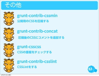 63
その他
公開用のCSSを圧縮する
grunt-contrib-cssmin
grunt-contrib-concat
CSSの重複をチェックする
grunt-csscss
CSSLintをする
grunt-contrib-csslint
圧縮後のCSSにコメントを追加する
14年3月15日土曜日
 
