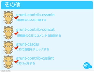 67
その他
公開用のCSSを圧縮する
grunt-contrib-cssmin
grunt-contrib-concat
CSSの重複をチェックする
grunt-csscss
CSSLintをする
grunt-contrib-csslint
圧縮後のCSSにコメントを追加する
14年3月15日土曜日
 