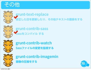70
その他
修正した日を更新したり、その他テキストの置換をする
grunt-text-replace
Sassをコンパイル する
grunt-contrib-sass
Sassファイルの変更を監視する
grunt-contrib-watch
画像の圧縮をする
grunt-contrib-imagemin
14年3月15日土曜日
 