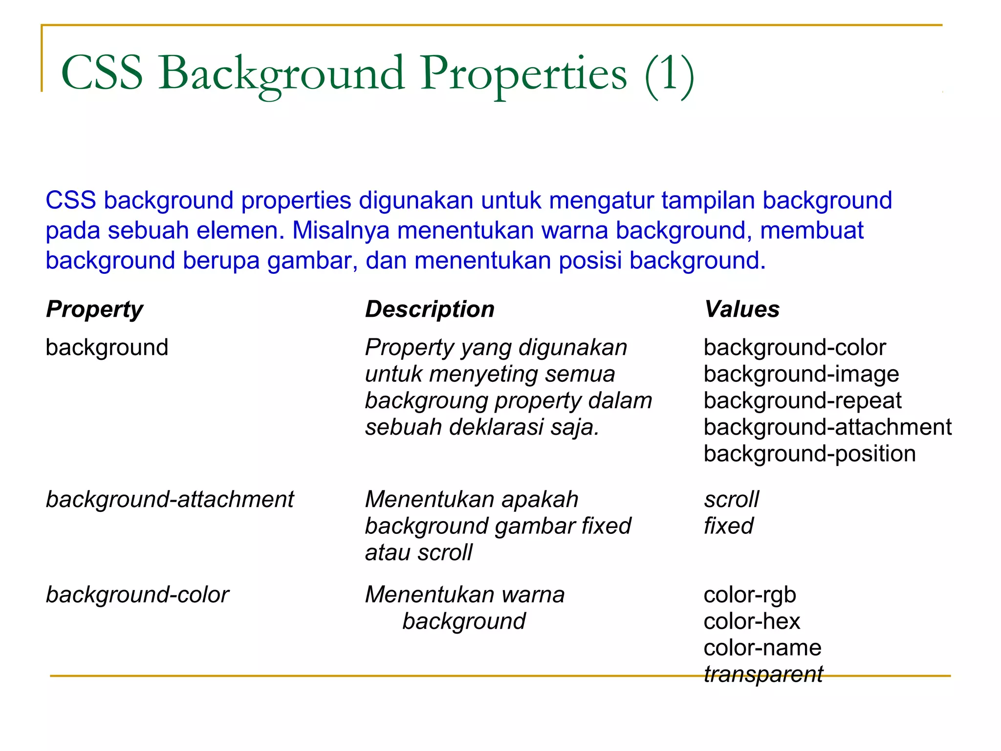 CSS Background Properties (1) 
CSS background properties digunakan untuk mengatur tampilan background 
pada sebuah elemen. Misalnya menentukan warna background, membuat 
background berupa gambar, dan menentukan posisi background. 
Property Description Values 
background Property yang digunakan 
untuk menyeting semua 
backgroung property dalam 
sebuah deklarasi saja. 
background-color 
background-image 
background-repeat 
background-attachment 
background-position 
background-attachment Menentukan apakah 
background gambar fixed 
atau scroll 
scroll 
fixed 
background-color Menentukan warna 
background 
color-rgb 
color-hex 
color-name 
transparent 
 