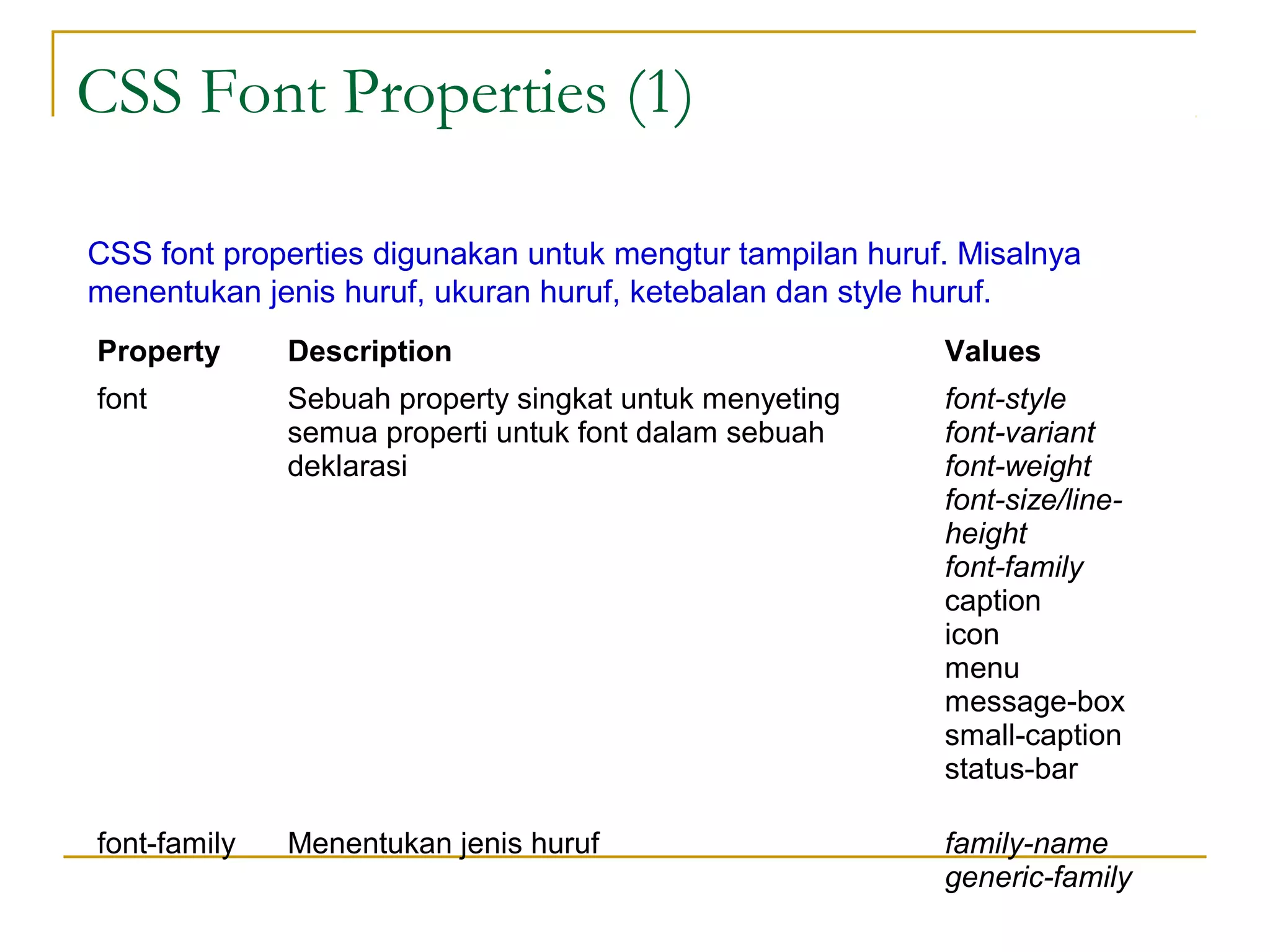 CSS Font Properties (1) 
CSS font properties digunakan untuk mengtur tampilan huruf. Misalnya 
menentukan jenis huruf, ukuran huruf, ketebalan dan style huruf. 
Property Description Values 
font Sebuah property singkat untuk menyeting 
semua properti untuk font dalam sebuah 
deklarasi 
font-style 
font-variant 
font-weight 
font-size/line-height 
font-family 
caption 
icon 
menu 
message-box 
small-caption 
status-bar 
font-family Menentukan jenis huruf family-name 
generic-family 
 