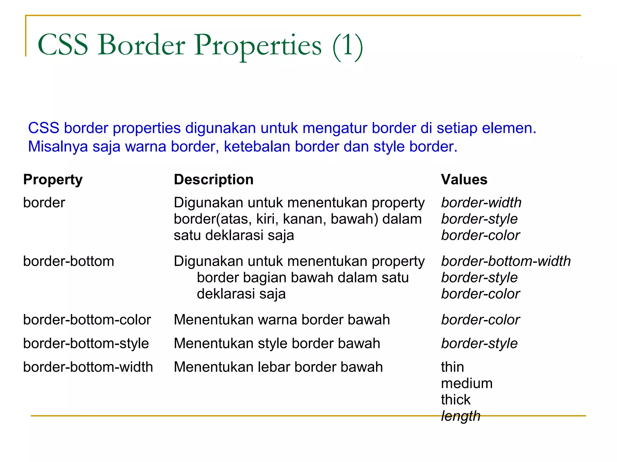 CSS Border Properties (1) 
CSS border properties digunakan untuk mengatur border di setiap elemen. 
Misalnya saja warna border, ketebalan border dan style border. 
Property Description Values 
border Digunakan untuk menentukan property 
border(atas, kiri, kanan, bawah) dalam 
satu deklarasi saja 
border-width 
border-style 
border-color 
border-bottom Digunakan untuk menentukan property 
border bagian bawah dalam satu 
deklarasi saja 
border-bottom-width 
border-style 
border-color 
border-bottom-color Menentukan warna border bawah border-color 
border-bottom-style Menentukan style border bawah border-style 
border-bottom-width Menentukan lebar border bawah thin 
medium 
thick 
length 
 