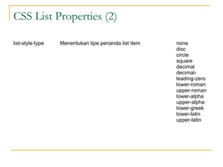 CSS List Properties (2) 
list-style-type Menentukan tipe penanda list item none 
disc 
circle 
square 
decimal 
decimal-leading- 
zero 
lower-roman 
upper-roman 
lower-alpha 
upper-alpha 
lower-greek 
lower-latin 
upper-latin 
