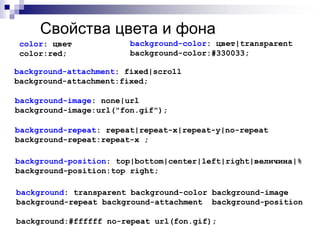 Свойства цвета и фона 
background-color: цвет|transparent 
background-color:#330033; 
color: цвет 
color:red; 
background-attachment: fixed|scroll 
background-attachment:fixed; 
background-image: none|url 
background-image:url("fon.gif"); 
background-repeat: repeat|repeat-x|repeat-y|no-repeat 
background-repeat:repeat-x ; 
background-position: top|bottom|center|left|right|величина|% 
background-position:top right; 
background: transparent background-color background-image 
background-repeat background-attachment background-position 
background:#ffffff no-repeat url(fon.gif); 
 