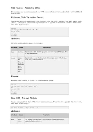 CSS Inclusion - Associating Styles
There are four ways to associate styles with your HTML document. Most commonly u sed methods are inline CSS and
External CSS.
Embedded CSS - The <style> Element:
You can put your CSS rules into an HTML document using the <style> element. This tag is placed inside
<head>...</head> tags. Rules defined using this syntax will be applied to all the elements available in the document.
Here is the generic syntax:
<head>
<style type="text/css" media="...">
Style Rules
............
</style>
</head>
Attributes:
Attributes associated with <style> elements are:
Attribute Value Description
type text/css Specifies the style sheet language as a content-type (MIME type). This
is required attribute.
media screen
tty
tv
projection
handheld
print
braille
aural
all
Specifies the device the document will be displayed on. Default value
isall. This is optional attribute.
Example:
Following is the example of embed CSS based on above syntax:
<head>
<style type="text/css" media="all">
h1{
color: #36C;
}
</style>
</head>
Inline CSS - The style Attribute:
You can use style attribute of any HTML element to define style rules. These rules will be applied to that element only.
Here is the generic syntax:
<element style="...style rules....">
Attributes:
Attribute Value Description
style style
rules
The value of style attribute is a combination of style declarations
separated by semicolon (;).
 