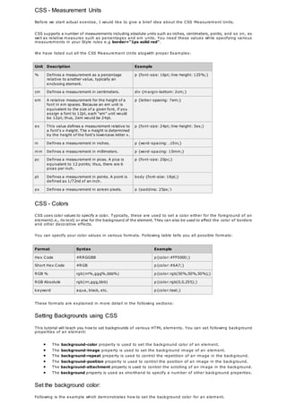 CSS - Measurement Units
Before we start actual exercise, I would like to give a brief idea about the CSS Measurement Units.
CSS supports a number of measurements including absolute units such as inches, centimeters, points, and so on, as
well as relative measures such as percentages and em units. You need these values while specifying various
measurements in your Style rules e.g border="1px solid red".
We have listed out all the CSS Measurement Units alogwith proper Examples:
Unit Description Example
% Defines a measurement as a percentage
relative to another value, typically an
enclosing element.
p {font-size: 16pt; line-height: 125%;}
cm Defines a measurement in centimeters. div {margin-bottom: 2cm;}
em A relative measurement for the height of a
font in em spaces. Because an em unit is
equivalent to the size of a given font, if you
assign a font to 12pt, each "em" unit would
be 12pt; thus, 2em would be 24pt.
p {letter-spacing: 7em;}
ex This value defines a measurement relative to
a font's x-height. The x-height is determined
by the height of the font's lowercase letter x.
p {font-size: 24pt; line-height: 3ex;}
in Defines a measurement in inches. p {word-spacing: .15in;}
mm Defines a measurement in millimeters. p {word-spacing: 15mm;}
pc Defines a measurement in picas. A pica is
equivalent to 12 points; thus, there are 6
picas per inch.
p {font-size: 20pc;}
pt Defines a measurement in points. A point is
defined as 1/72nd of an inch.
body {font-size: 18pt;}
px Defines a measurement in screen pixels. p {padding: 25px;}
CSS - Colors
CSS uses color values to specify a color. Typically, these are used to set a color either for the foreground of an
element(i.e., its text) or else for the background of the element. They can also be used to affect the color of borders
and other decorative effects.
You can specify your color values in various formats. Following table tells you all possible formats:
Format Syntax Example
Hex Code #RRGGBB p{color:#FF0000;}
Short Hex Code #RGB p{color:#6A7;}
RGB % rgb(rrr%,ggg%,bbb%) p{color:rgb(50%,50%,50%);}
RGB Absolute rgb(rrr,ggg,bbb) p{color:rgb(0,0,255);}
keyword aqua, black, etc. p{color:teal;}
These formats are explained in more detail in the following sections:
Setting Backgrounds using CSS
This tutorial will teach you how to set backgrounds of various HTML elements. You can set following background
properties of an element:
 The background-color property is used to set the background color of an element.
 The background-image property is used to set the background image of an element.
 The background-repeat property is used to control the repetition of an image in the background.
 The background-position property is used to control the position of an image in the background.
 The background-attachment property is used to control the scrolling of an image in the background.
 The background property is used as shorthand to specify a number of other background properties.
Set the background color:
Following is the example which demonstrates how to set the background color for an element.
 