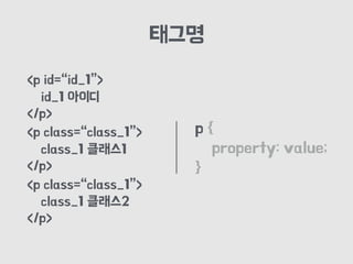 태그명
p {
property: value;
}
<p id=“id_1”>
id_1 아이디
</p>
<p class=“class_1”>
class_1 클래스1
</p>
<p class=“class_1”>
class_1 클래스2
</p>
 