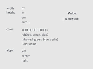 color
width
height
auto...
px
pt
em
Color name
#COLORCODE(HEX)
rgb(red, green, blue)
rgba(red, green, blue, alpha)
align left
center
right
Value
말 그대로 값이다
 